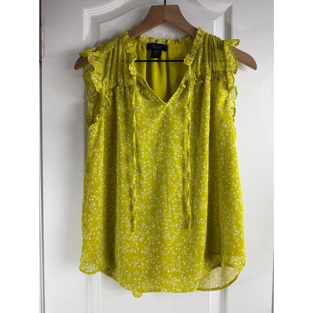 Rachel Roy Ruffle Sleeve Blouse Floral Print Greenish Yellow White Women's XS